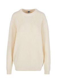 Pull en maille de couleur crème avec col ras du cou, manches longues et poignets et ourlet côtelés.