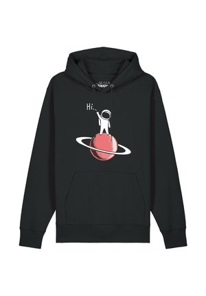 Black hoodie with a graphic of an astronaut standing on a red planet with rings, waving and saying "Hi."