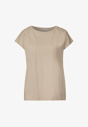 Beige T-Shirt mit kurzen Ärmeln, runder Ausschnitt und weicher Textur, mit dezenten Raffung an den Schultern für zusätzlichen designtgeist.