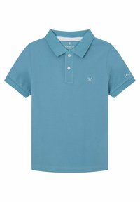 Polo tričko v světle modré barvě z bavlny, s límečkem, dvojicí knoflíků, krátkými rukávy a logem na rukávu.