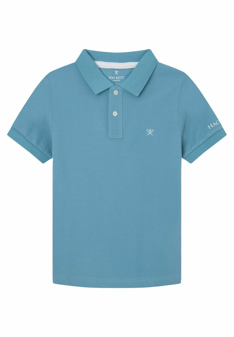 Polo tričko v světle modré barvě z bavlny, s límečkem, dvojicí knoflíků, krátkými rukávy a logem na rukávu.