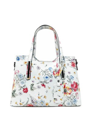 Witte bloemen tote bag met kleurrijke bloemenpatronen, dubbele handvatten en een label. Materiaal lijkt op gestructureerd fauxleer. Bevat zwarte hardware-accenten.