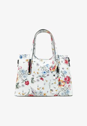 Borsa a tracolla bianca con motivi floreali colorati, manici doppi e un'etichetta. Il materiale sembra essere un similpelle testurizzato. Caratterizzata da dettagli in metallo nero.