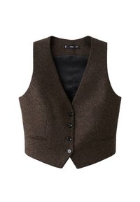 Gilet di lana marrone con scollo a V, chiusura a cinque bottoni, due tasche frontali e una morbida foderatura nera. Tessuto texturizzato con bordi sartoriali.