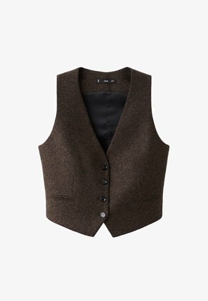 Ruskea villaliivi, V-kaula-aukolla, viidellä nappikiinnityksellä, kahdella etutaskulla ja sileällä mustalla vuorilla. Teksturoitu kangas, jossa on muotoillut reunat.