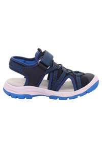 Blaue Sportsandalen aus Mesh- und Synthetikmaterial, mit verstellbarem Riemen, gepolsterter Innensohle und Gummisohle mit strukturiertem Profil.
