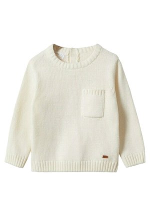 Kremowy sweter dziany z długim rękawem, z prążkowanym kołnierzem, mankietami i dołem oraz małą fakturowaną kieszonką na lewej piersi.