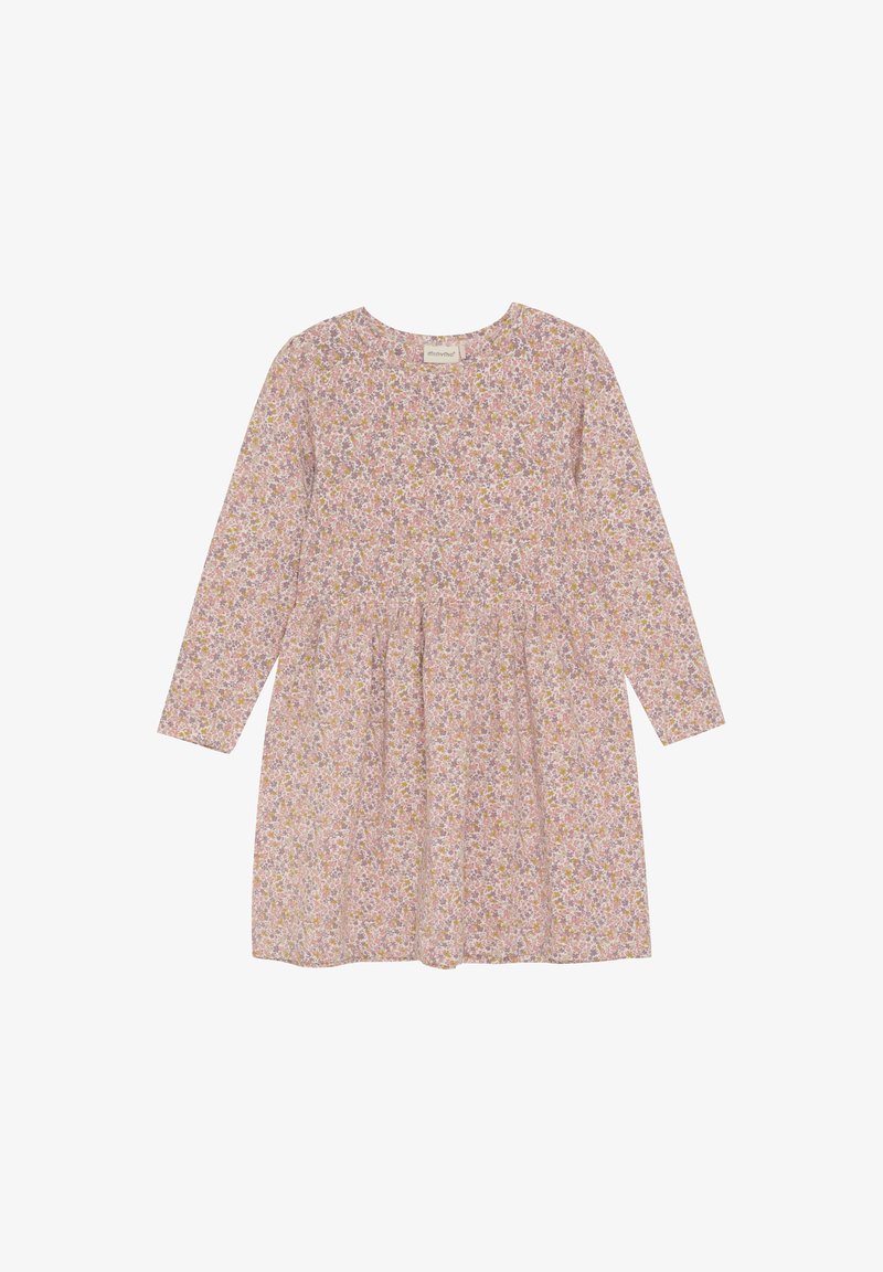 Langärmliges Kleid in Hellrosa mit kleinem Blumenmuster. A-Linienform, runder Ausschnitt und geraffte Taille für eine ausgestellte Silhouette.