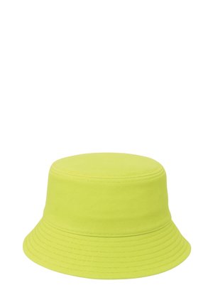 Bright yellow cotton bucket hat with stitched brim and top, plain design, no logos or embellishments.