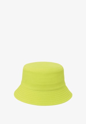 Cappello bucket in cotone giallo acceso con tesa e parte superiore cucite, design semplice, senza loghi o decorazioni.