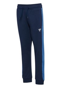 Mørkeblå sweatpants med lyseblå side-striber, elastisk talje, justerbar snor, og et lille hvidt logo nær venstre lomme.