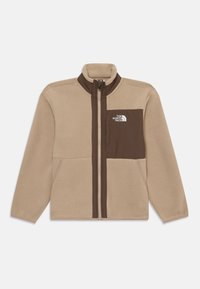 Beige fleecejakke med brune detaljer, høy krage, full glidelås og brystlomme. Har The North Face-logoen i hvitt.