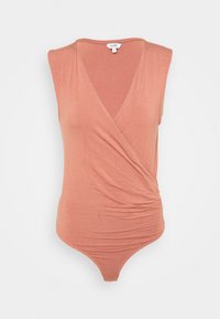 Rose-colored bodysuit with a v-neck design, sleeveless cut, and gathered fabric at the waist, made from soft, stretchy material.