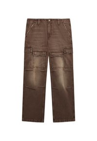 Bruine cargobroek met een ontspannen pasvorm, voorzien van vier grote zakken, een riemlus en een vervaagde textuur voor een gedragen uitstraling.