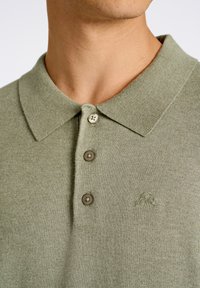 Polo a maglia verde oliva con colletto piatto, tre bottoni marroni e logo ricamato sul lato sinistro del petto. Tessuto morbido.