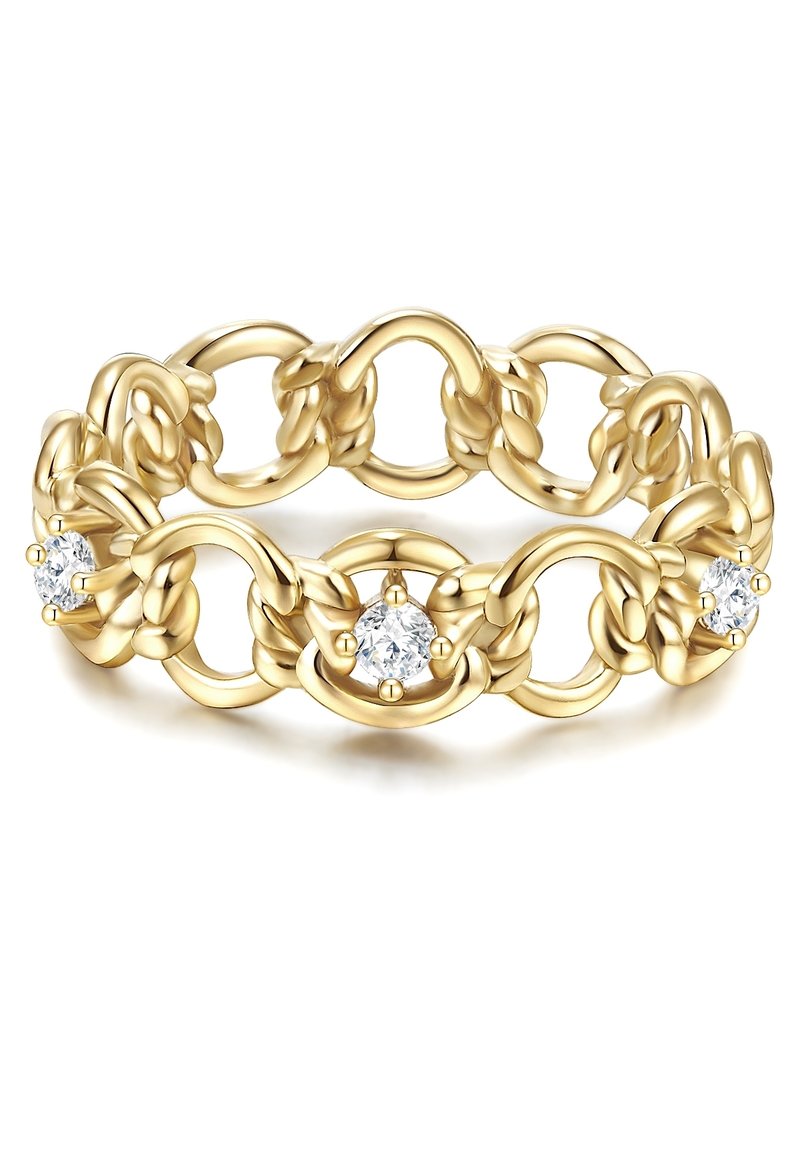 Auksinė žiedas su grandinės stiliumi, turintis poruotus žiedus ir tris apvalius deimantus, įstatytus į iškilnius kablius. Lygus, blizgus paviršius su tekstūruoto dizaino elementais.