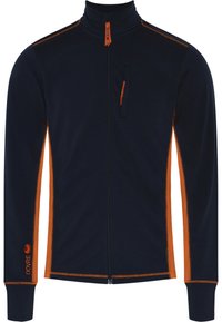 Marinejakke med orange accenter, høj krave, hel lynlås, lynlåslomme på brystet og ribbede manchetter. Glat tekstur med en tætsiddende silhuet.