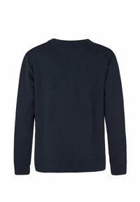 Felpa blu navy con colletto a girocollo, maniche lunghe e polsini e orlo a costine. Realizzata in un tessuto morbido e confortevole con una texture liscia.