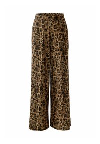 Hochtaillierte weite Hosen mit einem braun-schwarzen Leopardenmuster, ausgestattet mit einem taillierten Bund und zentralen Nahtdetails.