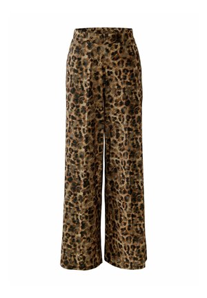 Pantalons larges taille haute avec un motif léopard brun et noir, dotés d'une taille ajustée et de détails de couture centrale.