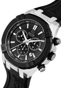 Schwarze Chronographuhr mit strukturiertem schwarzem Ziffernblatt, silbernen Akzenten, drei Zähleranzeigen und einem Gummiband. Verfügt über eine Datumsanzeige und ein Gehäuse aus Edelstahl.