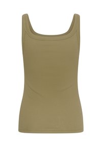 Débardeur à côtes sans manches vert olive avec larges bretelles et encolure carrée.