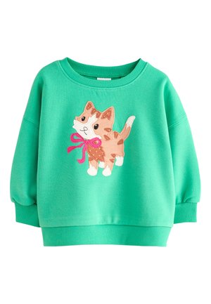Grünes Sweatshirt für Kleinkinder mit langen Ärmeln und einem Cartoon-Katzen-Patch mit rosa Schleife auf der Vorderseite, gerippte Bündchen und Saum.