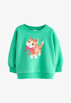 Sweat-shirt vert à manches longues pour tout-petit avec un patch chat dessin animé portant un nœud rose sur le devant, poignets et ourlet côtelés.