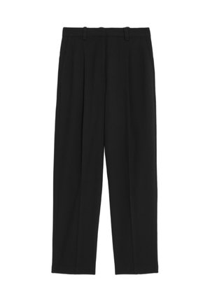 Pantalon noir à coupe droite, avec deux plis à l'avant, passants de ceinture et une texture lisse. Pas de motifs ou d'accents visibles.