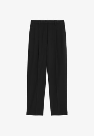 Pantalon noir à coupe droite, avec deux plis à l'avant, passants de ceinture et une texture lisse. Pas de motifs ou d'accents visibles.
