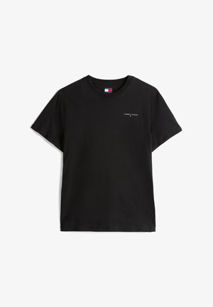 Schwarzes Baumwoll-T-Shirt mit kurzen Ärmeln. Mit einem kleinen weißen "TOMMY JEANS"-Logo auf der linken Brust. Rundhalsausschnitt. Sauberes Design.