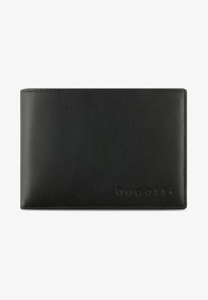 Portefeuille en cuir noir avec une texture lisse, de forme rectangulaire, et logo "bugatti" en relief sur le devant. Design simple et élégant.