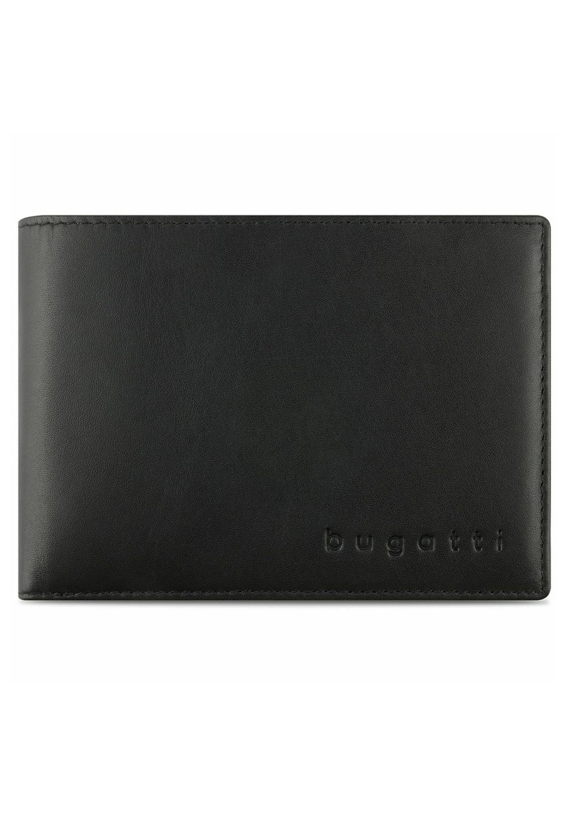 Black leather wallet with a smooth texture, rectangular shape, and embossed 'bugatti' logo on the front. Simple and elegant design.