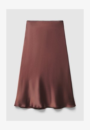 Brown satin A-line skirt with a smooth texture and subtle sheen, featuring a curved hem and a simple waistband.