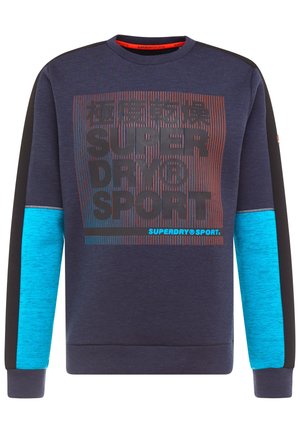 Marineblauer Sweatshirt mit schwarzen und leuchtend blauen Ärmeln, vorne mit dem Schriftzug "SUPERDRY SPORT" und japanischen Zeichen in Schwarz und Rot.