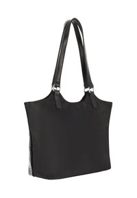 Zwarte totebag met een gladde, matte afwerking. Voorzien van dubbele zwarte leren handvatten en zilveren beslag. Zijdelingse textuurvariatie met een mesh-detail.