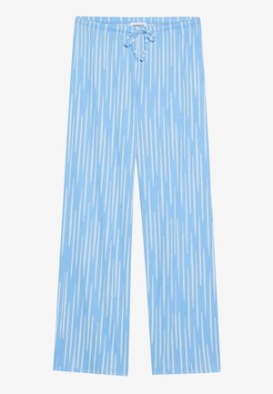 Light blue wide-leg pants featuring a vertical stripe pattern in white. Made of soft fabric with an elastic waistband and drawstring.