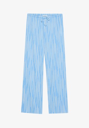 Svetlomodré nohavice s širokými nohavicami a vertikálnym pruhovaným vzorom v bielej farbe. Vyrobené z mäkkej tkaniny s elastickým pásom a šnúrkou na stiahnutie.