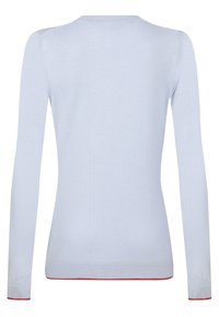 Pull à manches longues bleu clair avec col et poignets côtelés. Présente un accent rouge contrastant à l'ourlet. Texture en tricot douce.