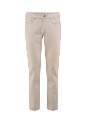 Jeans in denim beige con vestibilità dritta, cinque tasche, chiusura con bottone e una texture sottile su tutto il tessuto.