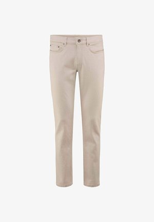 Beige Denim-Jeans mit geradem Schnitt, fünf Taschen, Knopfverschluss und subtiler Textur im gesamten Stoff.