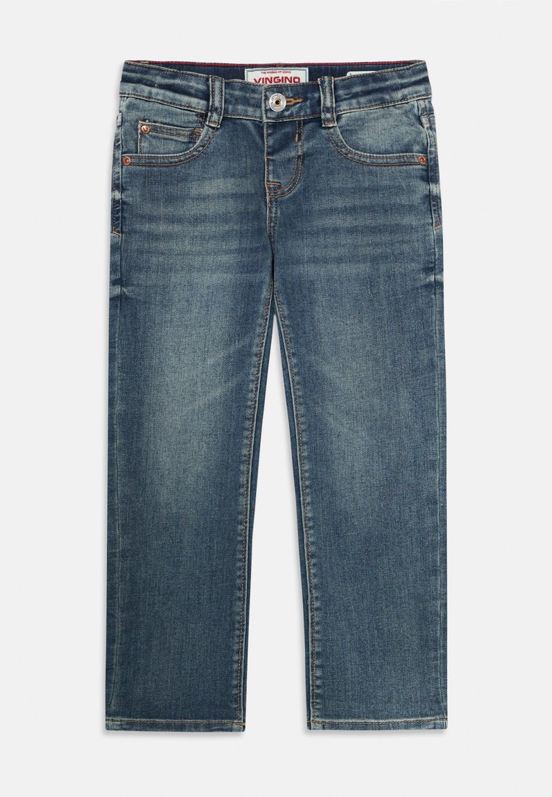 Jeans de mezclilla azul oscuro con corte recto, cinco bolsillos y cierre de botón. Presentan un ligero desgaste y costuras en contraste.