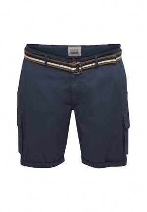 Marine cargoshorts van katoen, met zijzakken en een geweven riem met bruine, crème en marineblauwe strepen. Duurzaam en functioneel ontwerp.