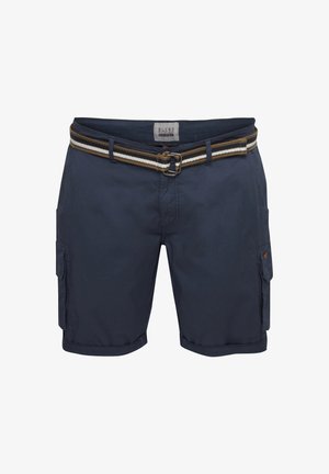 Marine cargoshorts van katoen, met zijzakken en een geweven riem met bruine, crème en marineblauwe strepen. Duurzaam en functioneel ontwerp.