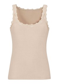 Beige gerippter Tanktop mit gewelltem Spitzensaum am Ausschnitt und den Trägern; figurnah geschnitten, glatte Textur, vielseitig zum Layering.