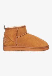 Botas de tobillo de ante marrón con un suave forro de piel, punta redondeada y costuras decorativas. Presentan una lengüeta y letras grabadas en el lateral.