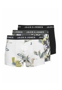 Drei Paare Herren-Boxershorts mit einem Blumenmuster, einem grau gemusterten Design und einem einfarbigen schwarzen Paar. Jede hat einen schwarzen Bund mit dem Logo "JACK & JONES".