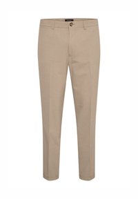 Pantalones beige ajustados con cierre de botón, con una textura suave y un diseño de pierna recta, adecuados para ocasiones formales o informales.