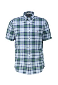 Kurzarm-Freizeithemd mit einem karierten Muster in Blau, Grün und Weiß, Knopfkragen und einer kleinen Brusttasche.