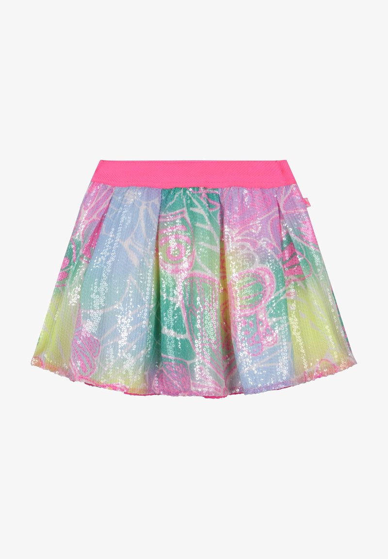 Jupe en tulle multicolore avec une ceinture rose, présentant une texture pailletée et un motif floral dans des tons bleus, verts et jaunes.